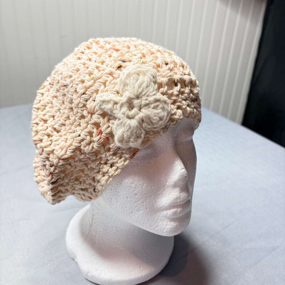 Handmade Crochet Beret OS Cream Multi Color Flecked Flower Slouchy Beanie Hat